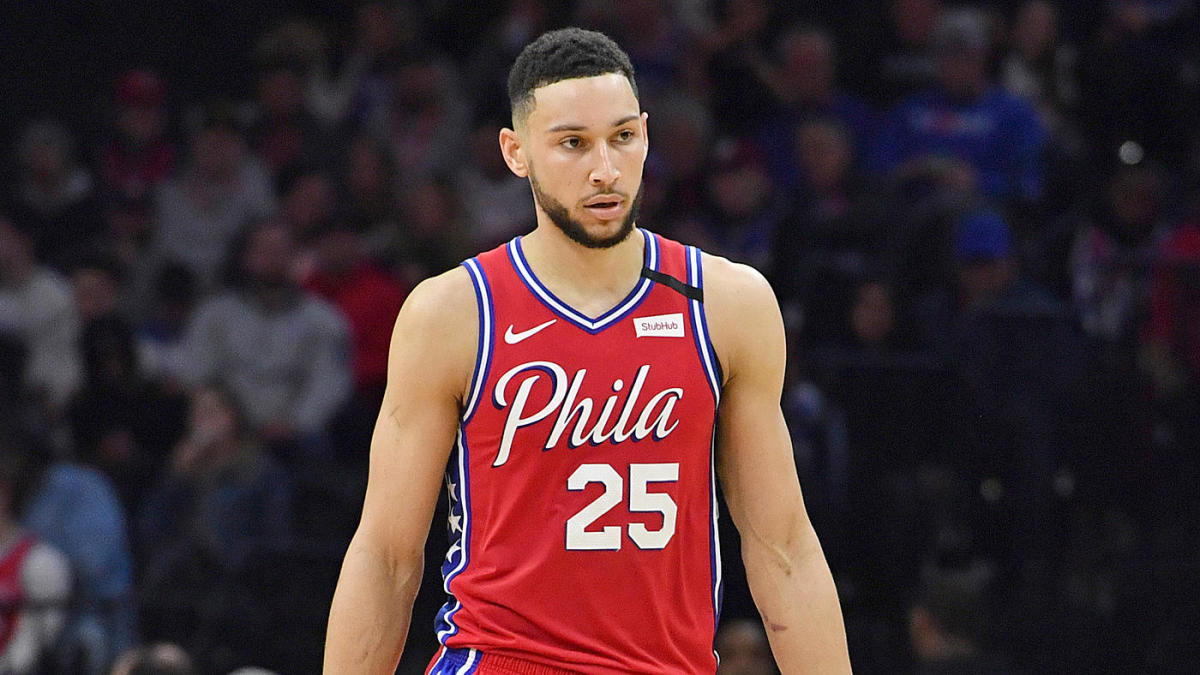 Philadelphia 76ers' Ben Simmons (25) reacts after dunking the ball